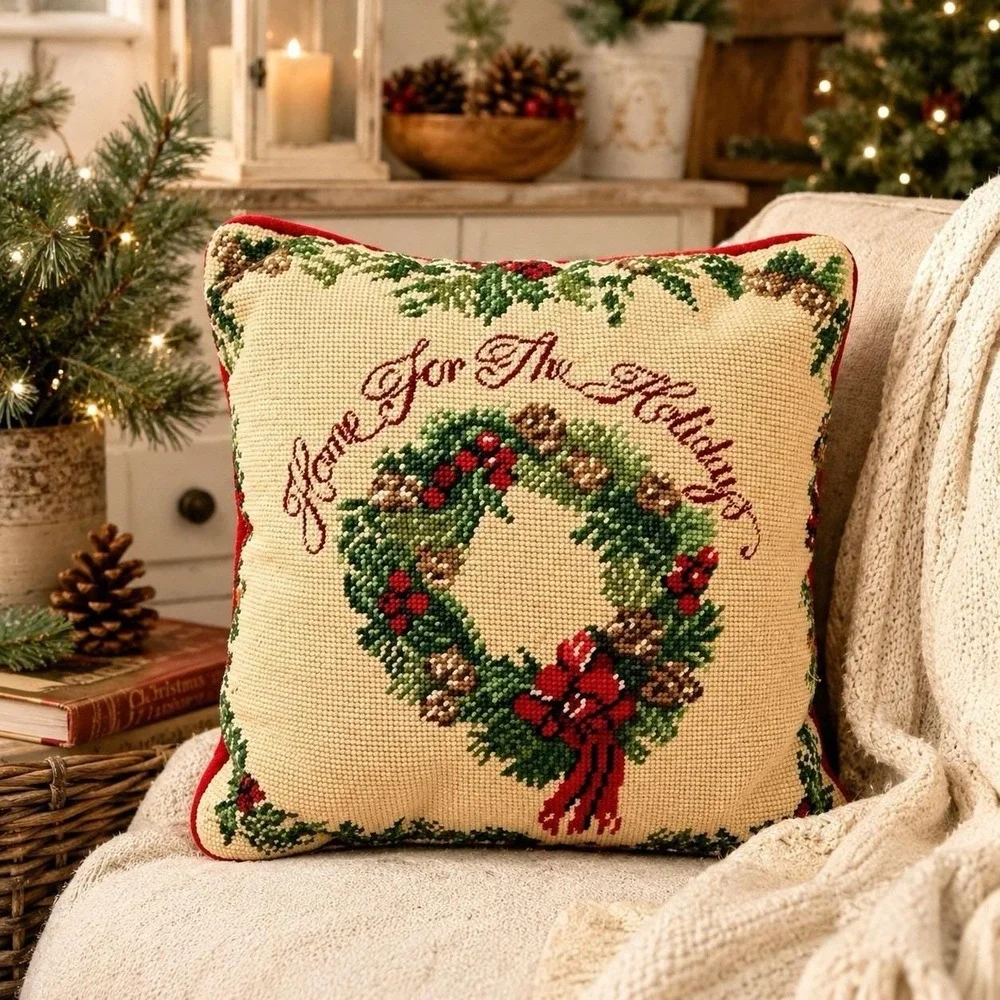 Vintage Handmade Needlepoint Christmas Pillow Home For The Holidays 13x13
